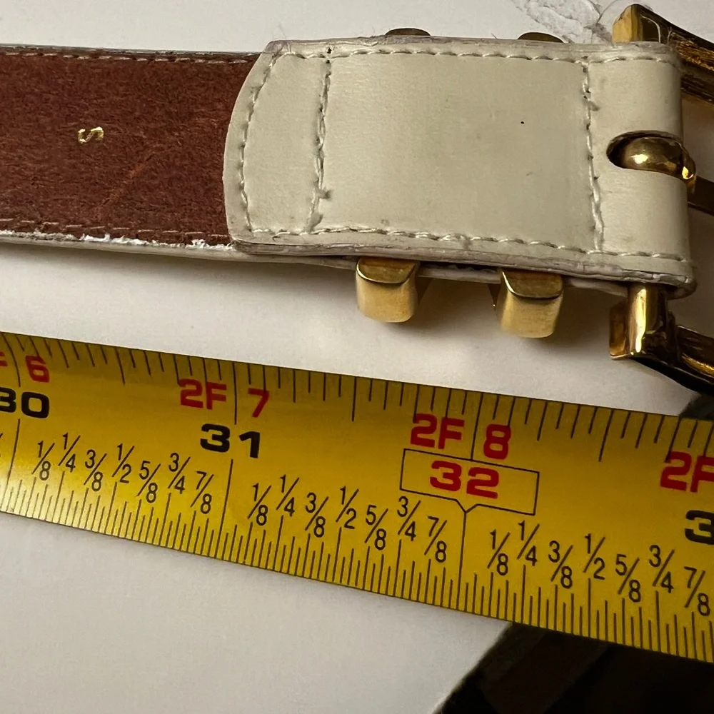 Vintage Sostanza Ivory Belt with Gold Bow Like Buckle Split Leather Small 32-33”